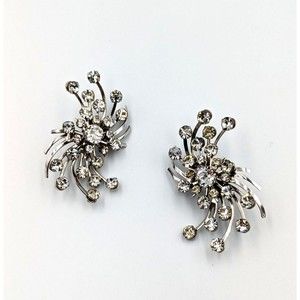 Vintage Silver Tone Clear Rhinestone Atomic Design Clip On Statement Earrings